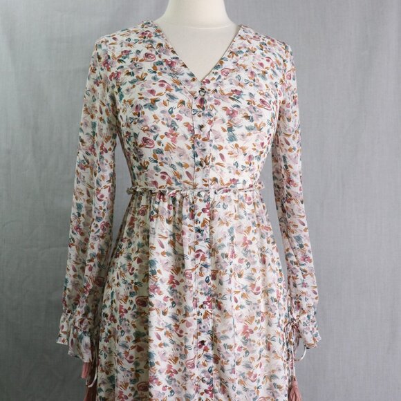 MIKAROSE Floral Cottage Maxi Dress Size Small Romantic Tiered Long Sleeve - Picture 3 of 16